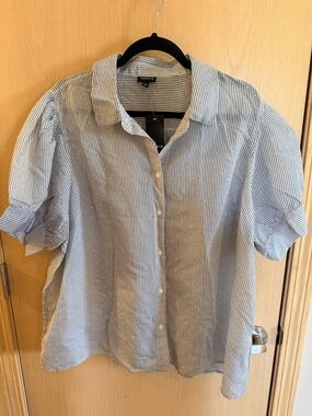 Torrid Blue & White Vertical Stripe Button Shirt with Rhinestones